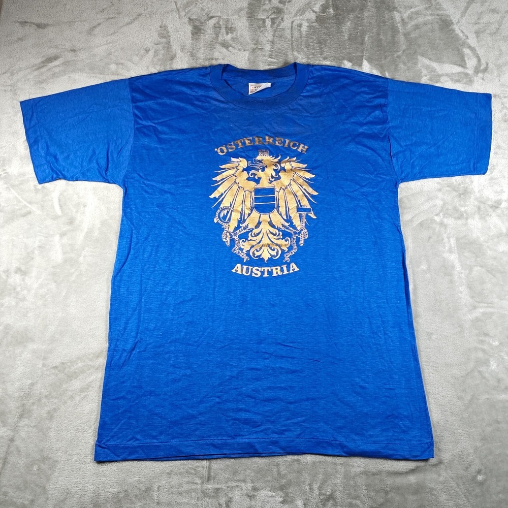 Vintage Osterreich Austria Shirt Men XL Blue Gold Coat Of Arms Single Stitch 80s